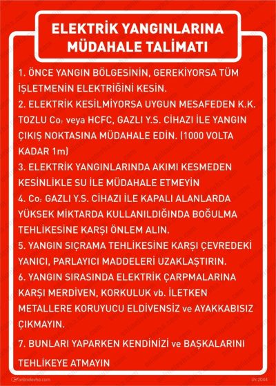Elektrik Yangınlarına Müdahale Talimatı Levhası