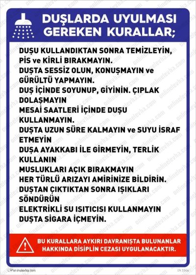 Duşlarda Uyulması Gereken Kurallar Levhası