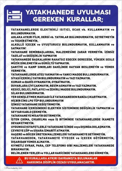 Yatakhanede Uyulması Gereken Kurallar Levhası