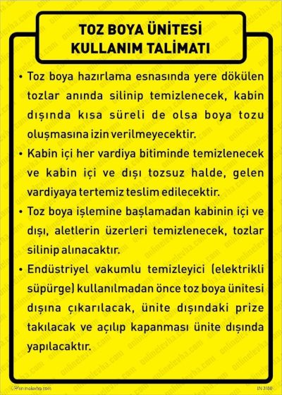 Toz Boya Ünitesi Kullanım Talimatı Levhası